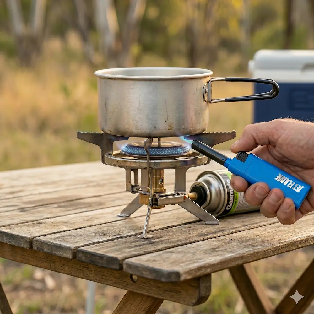 Blue Hybrid Jet Flame lighter being used with a portable outdoor camping stove