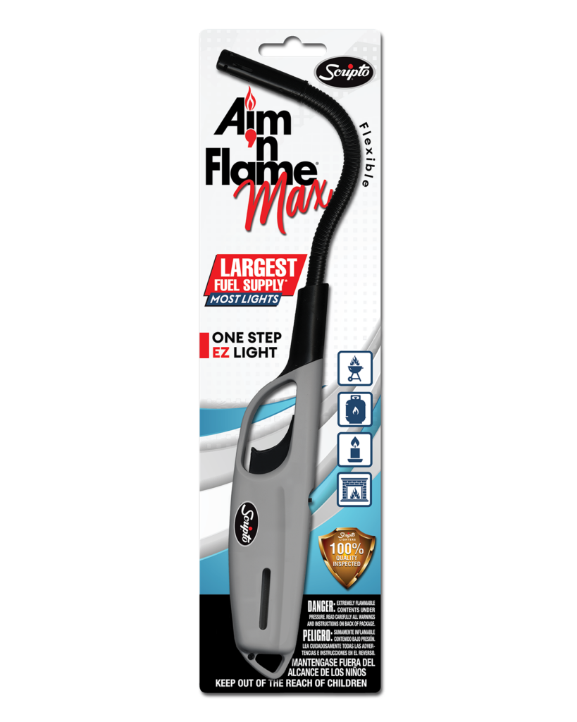 Grey Scripto Aim ‘n Flame MAX Flex lighter in retail blister packaging