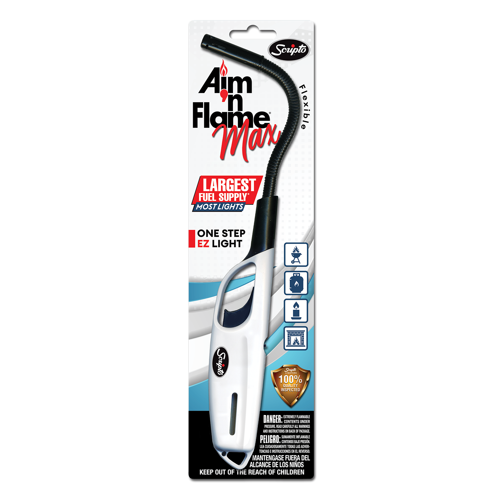 White Scripto Aim ‘n Flame MAX Flex lighter in retail blister packaging