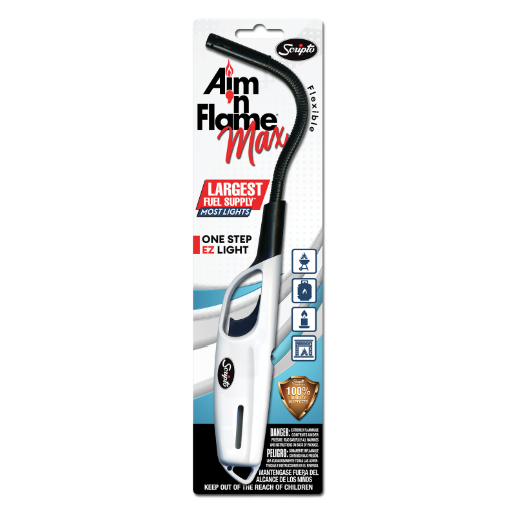 Scripto Aim ‘n Flame MAX Flex lighter in white retail packaging on a white background