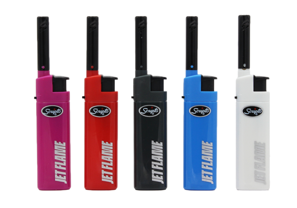 Scripto Hybrid Jet Flame refillable lighters in violet, red, grey, blue and white