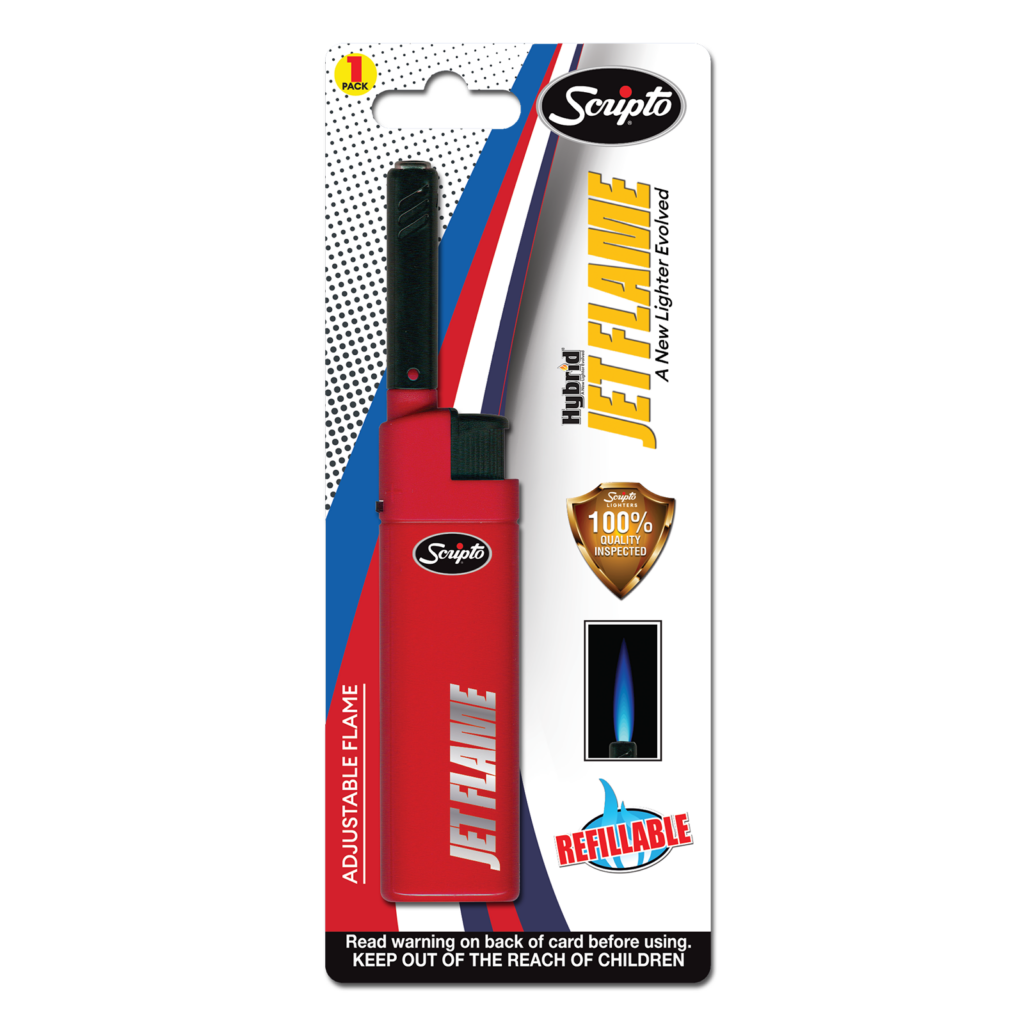 Red Scripto Hybrid Jet Flame lighter in single retail blister packaging