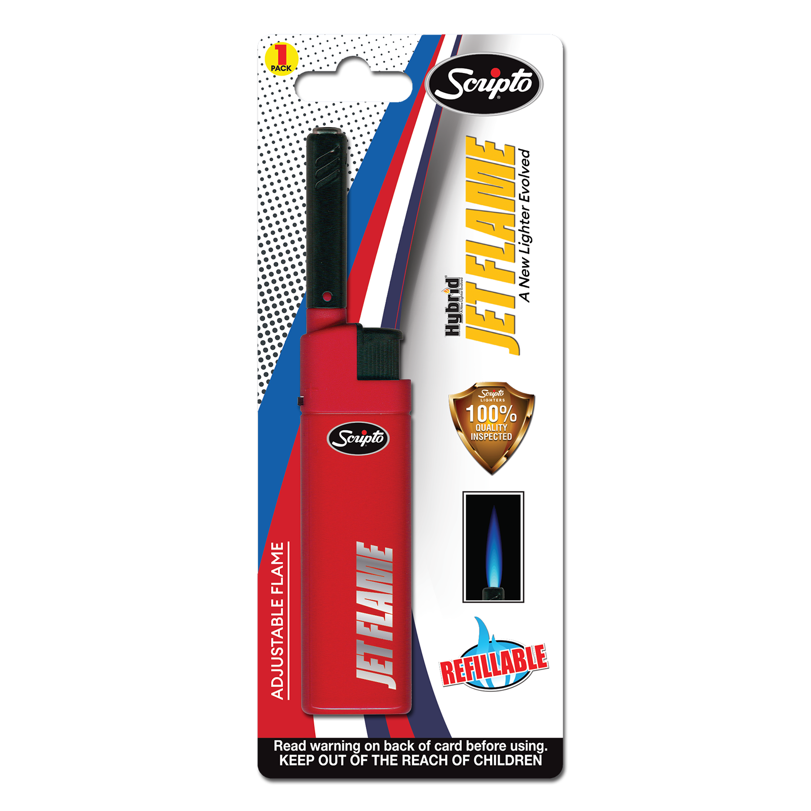 Red Scripto Hybrid Jet Flame lighter in single retail blister packaging