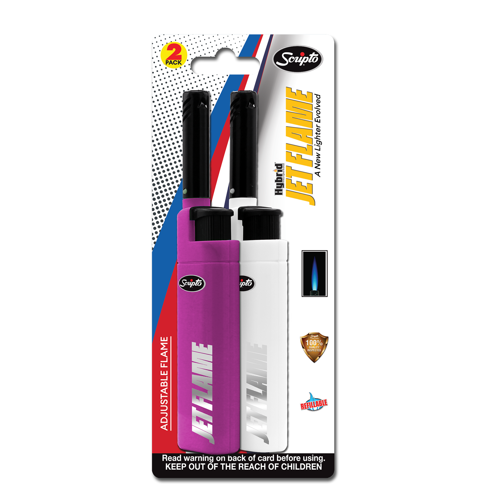 Violet and white Scripto Hybrid Jet Flame lighters in twin-pack retail packaging