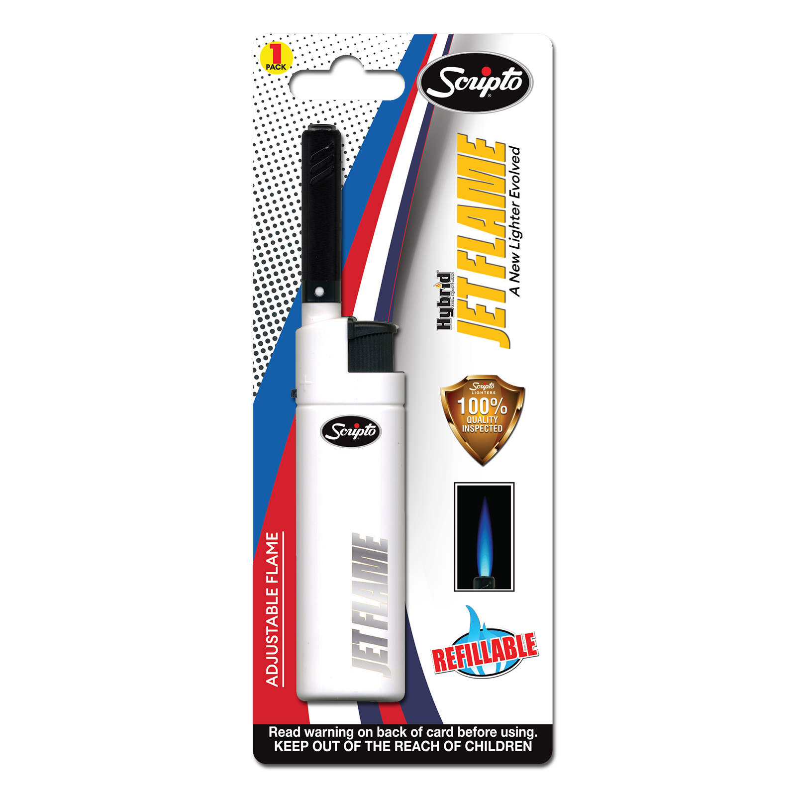 White Scripto Hybrid Jet Flame lighter in single retail blister packaging