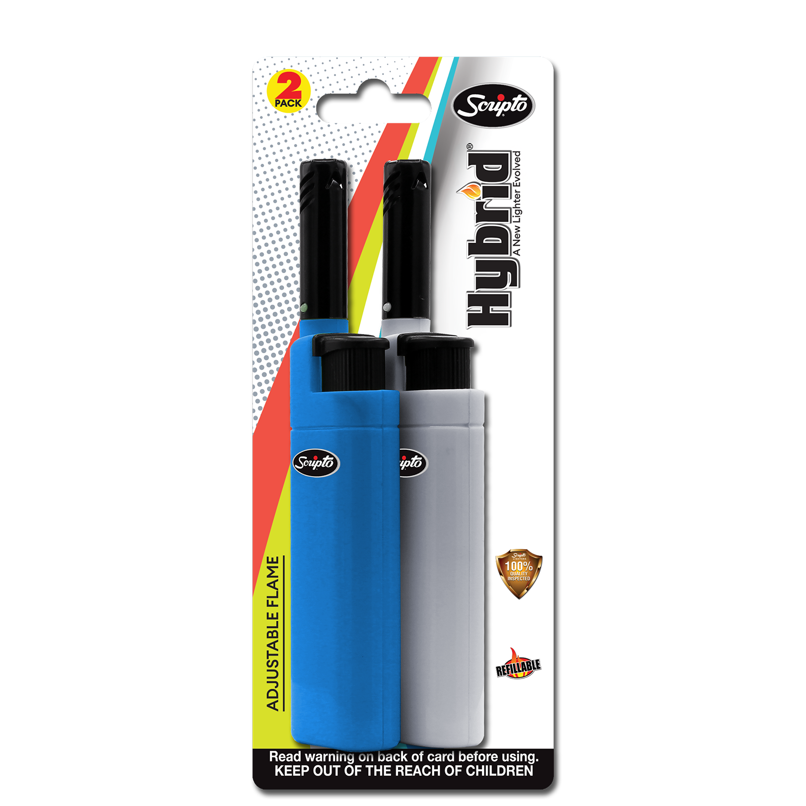 Blue and grey Scripto Hybrid refillable lighters in twin-pack retail packaging