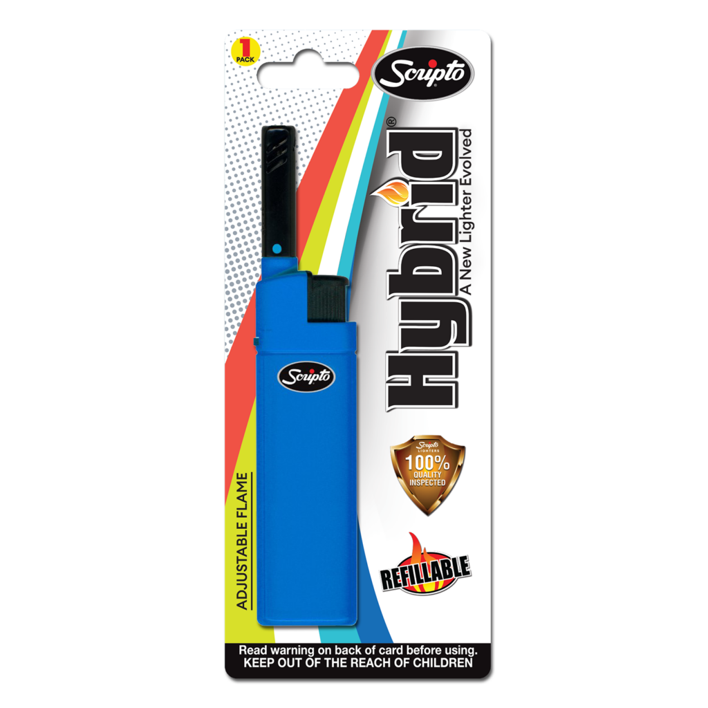 Blue Scripto Hybrid refillable lighter in single retail blister packaging