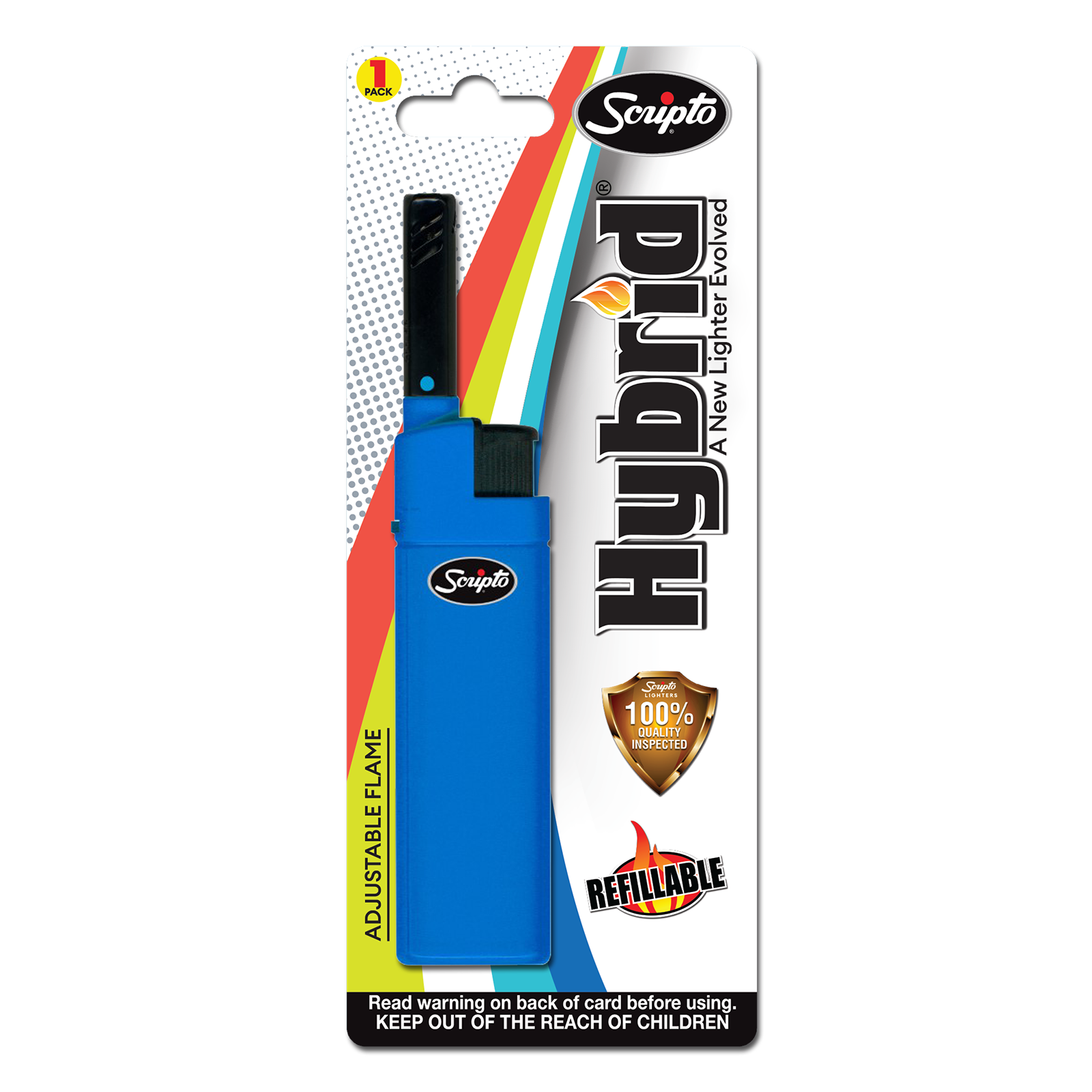 Blue Scripto Hybrid refillable lighter in single retail blister packaging