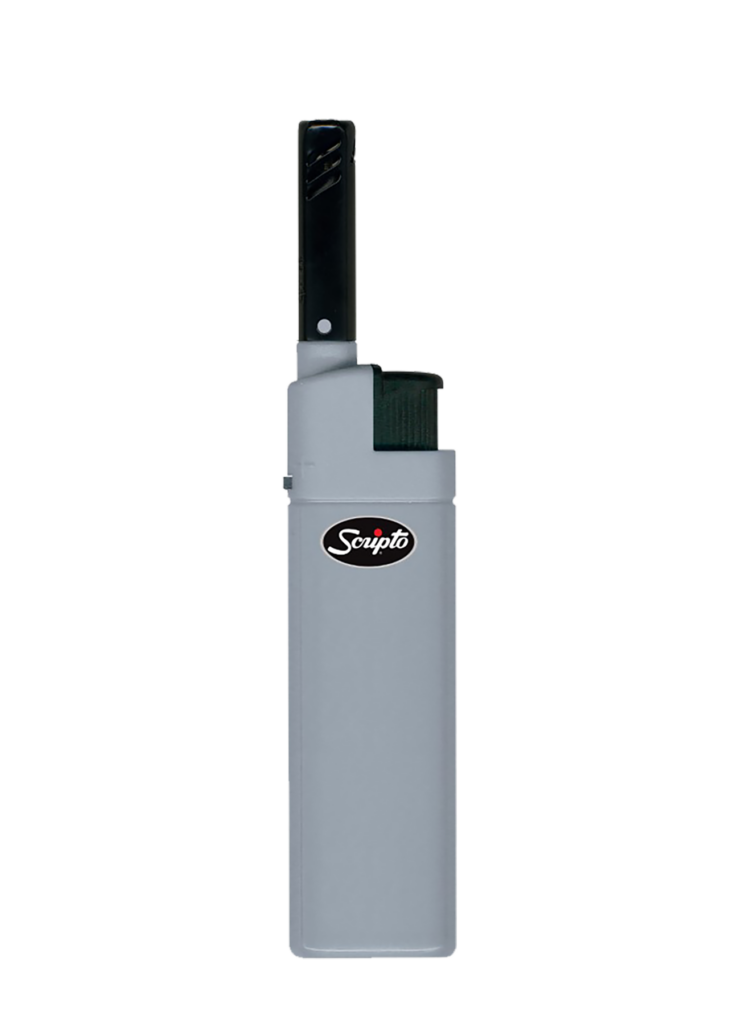 Grey Scripto Hybrid refillable lighter with extended nozzle