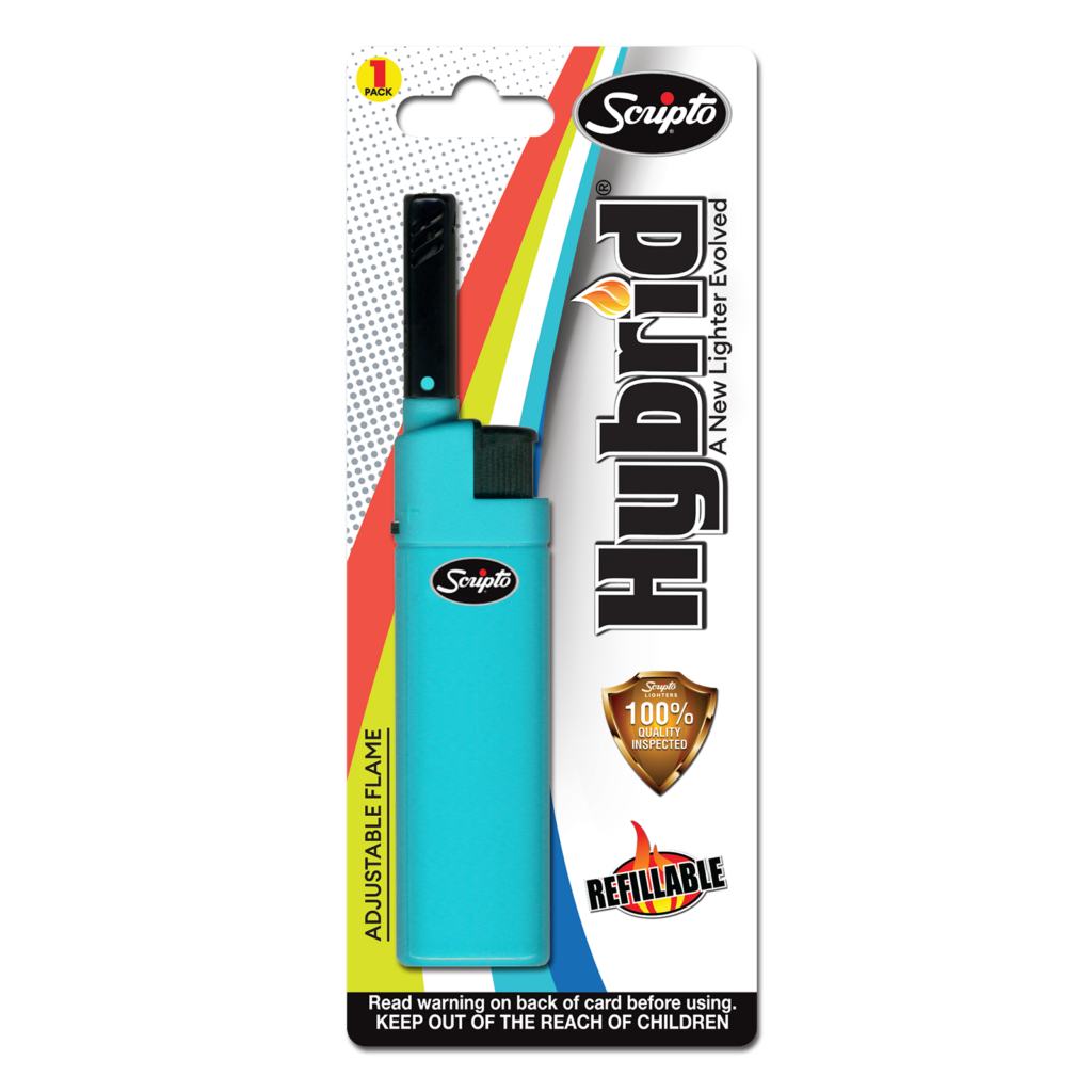 Light blue Scripto Hybrid refillable lighter in single retail blister packaging