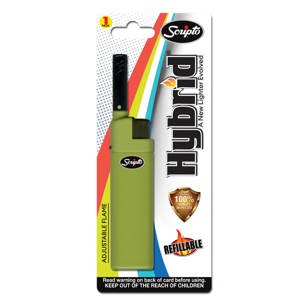 Olive Scripto Hybrid refillable lighter in single retail blister packaging