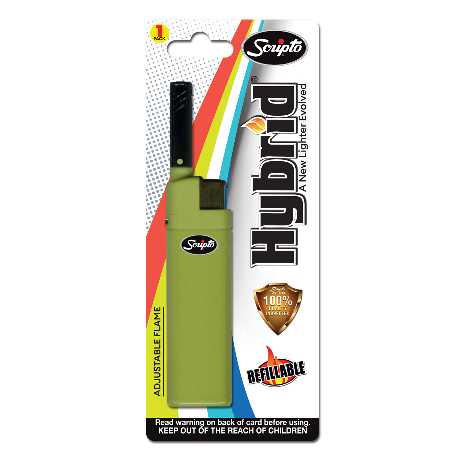 Olive Scripto Hybrid refillable lighter in single retail blister packaging