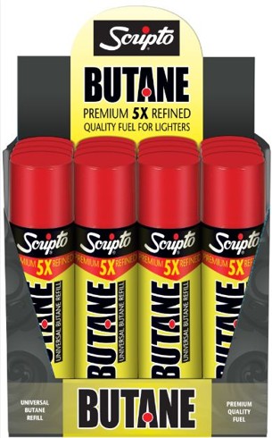 Scripto Butane refill canisters in 12-count PDQ retail display